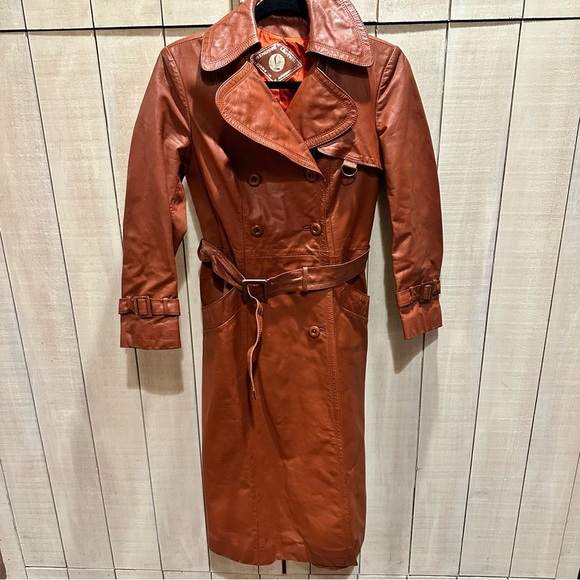 GENUINE LEATHER ARGENTINEAN RUST/BRICK COLOR LONG‎ TRENCH SIZE 2 - Picture 3 of 8